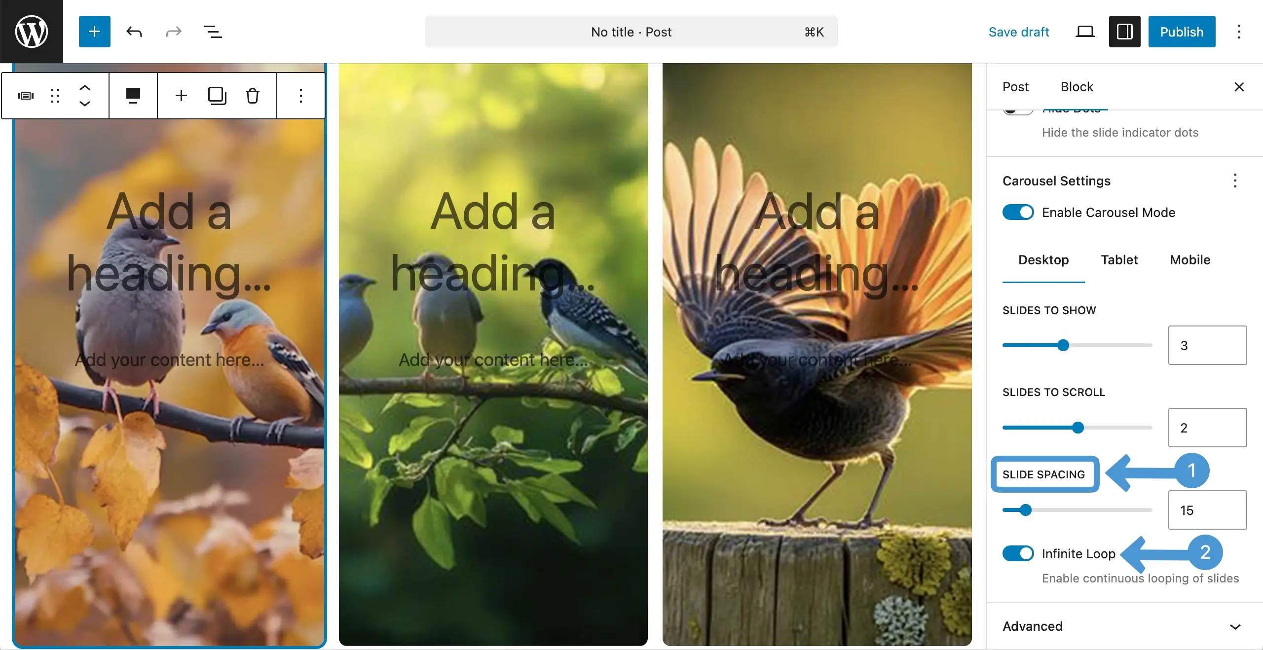 Configure slide spacing and infinite loop