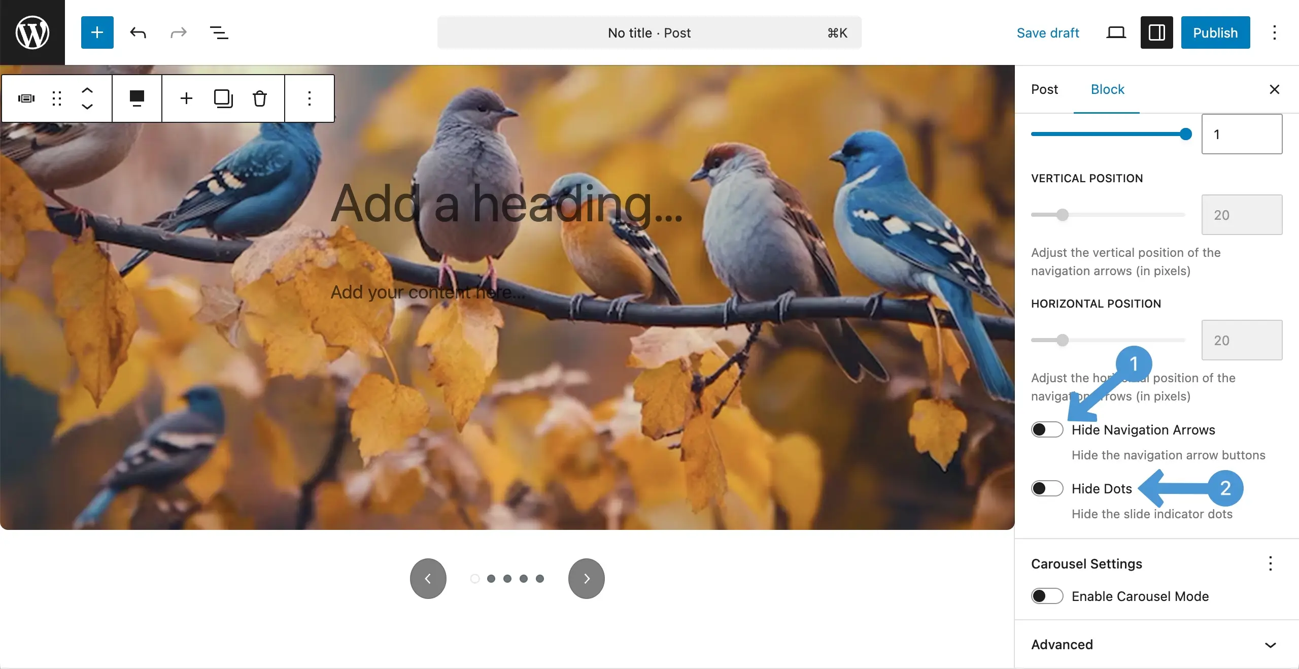 Find options to hide navigation arrows and dots