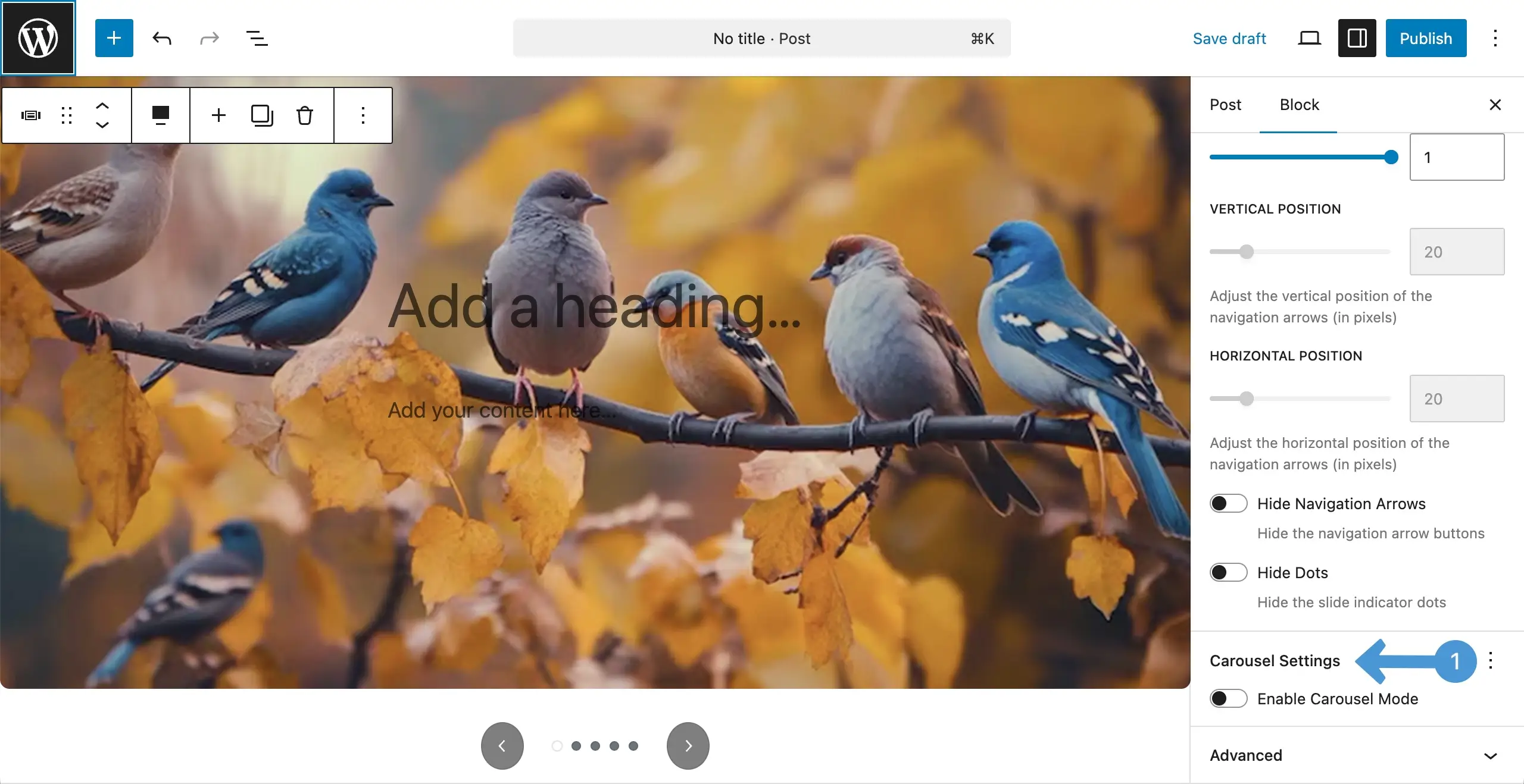Find the Carousel settings