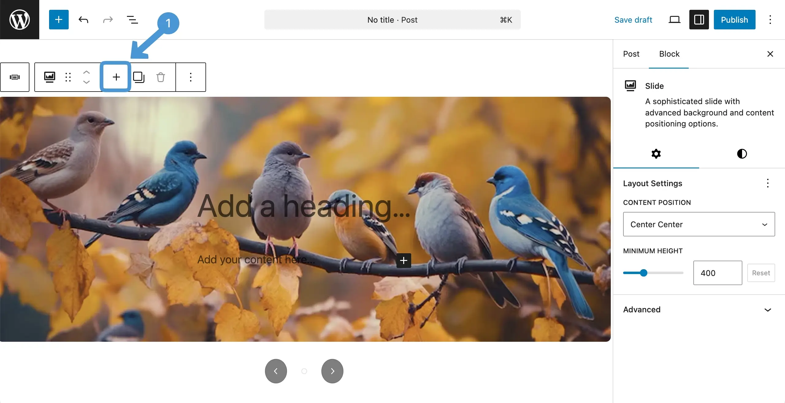 The first image is added to the slider block